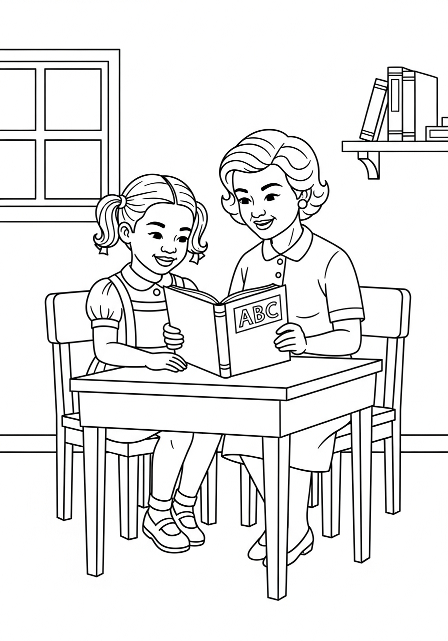 Ruby Bridges and teacher reading coloring page