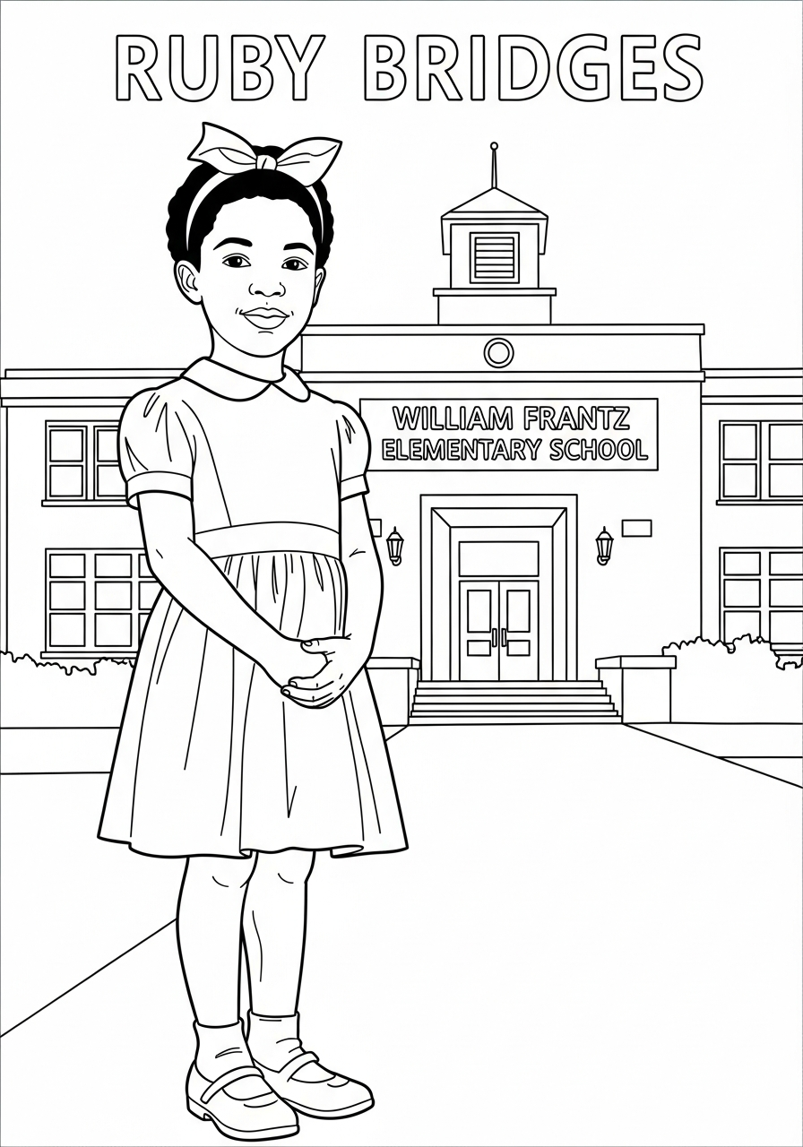 Ruby Bridges at school entrance coloring page