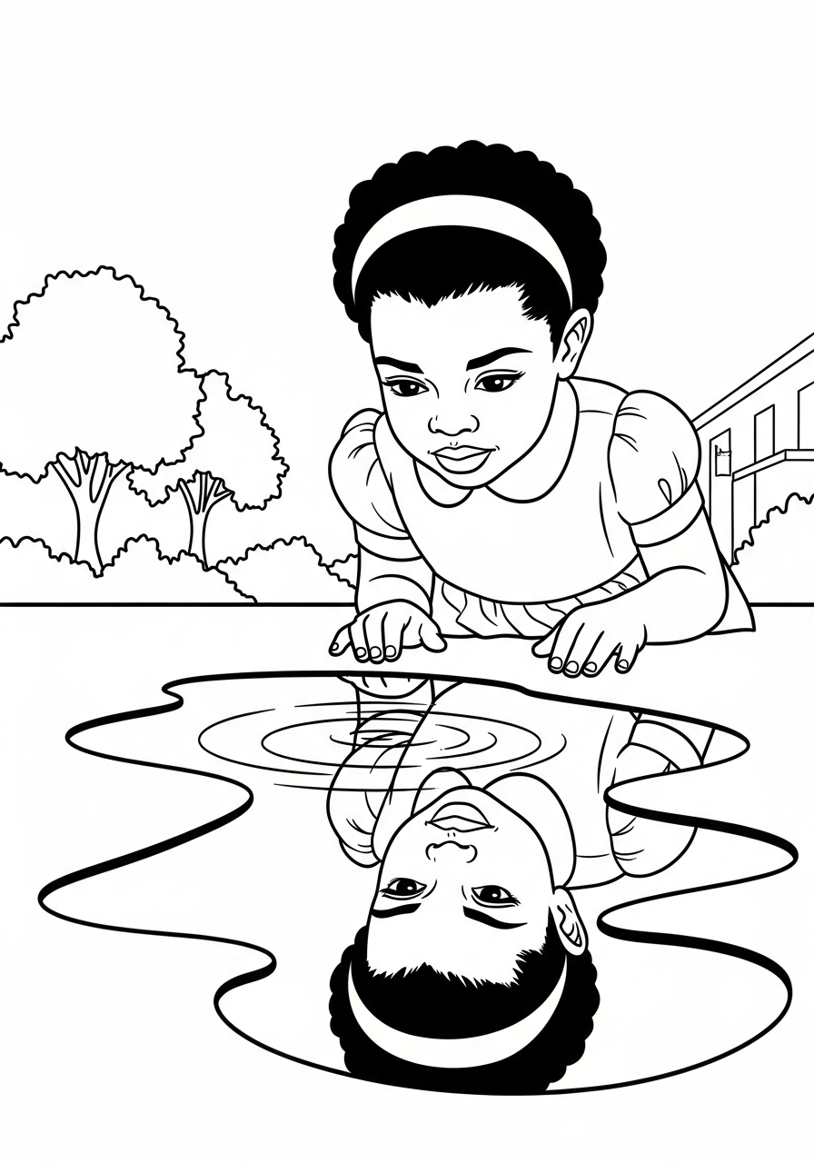 Ruby Bridges’ brave reflection in puddle coloring page