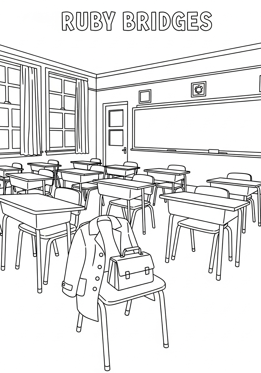 Ruby Bridges’ empty classroom desk coloring page