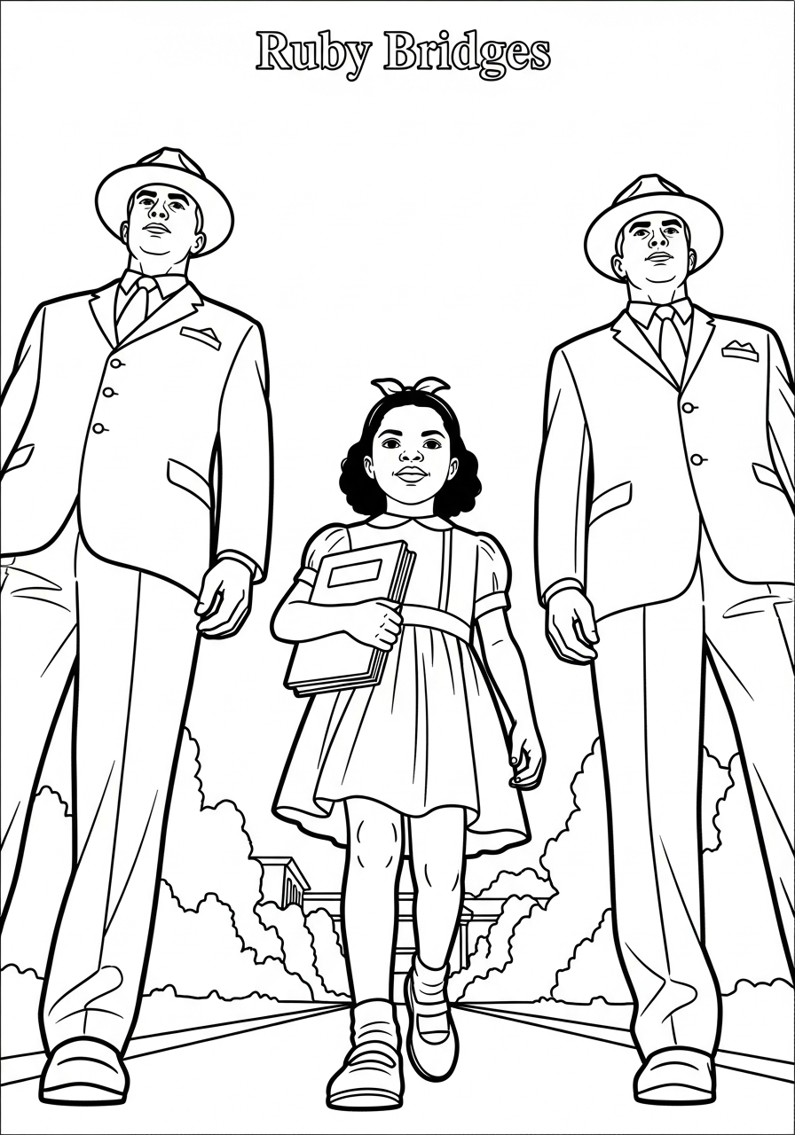 Ruby Bridges escorted by U.S. Marshals coloring page
