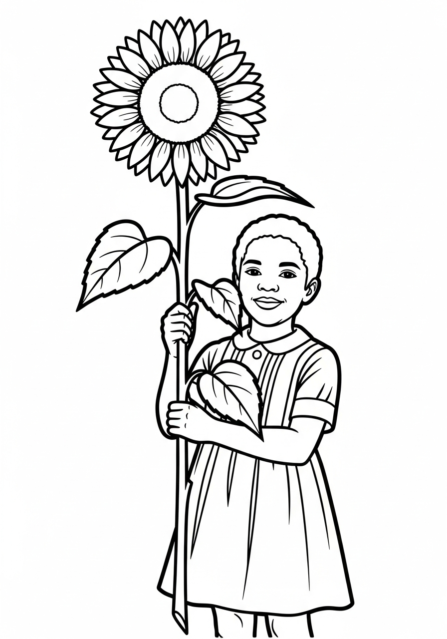 Ruby Bridges holding a tall sunflower coloring page