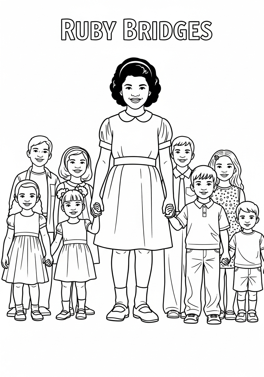Ruby Bridges holding hands with children coloring page