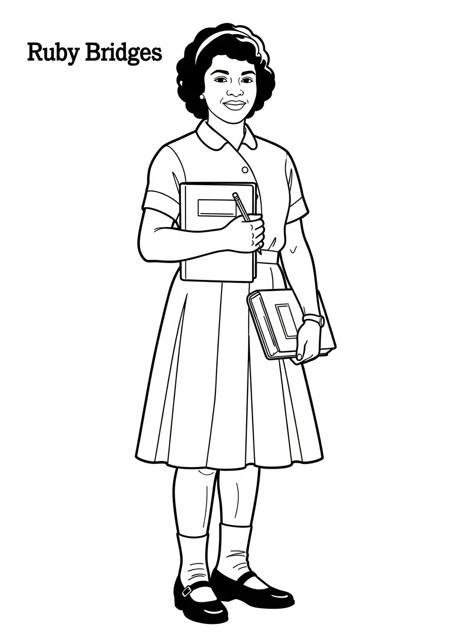Ruby Bridges in iconic white dress coloring page