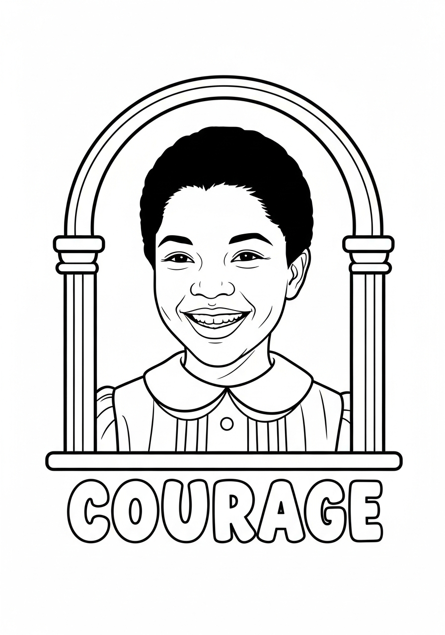 Ruby Bridges portrait in archway coloring page