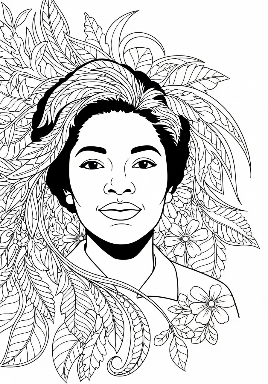 Ruby Bridges portrait with floral hair coloring page