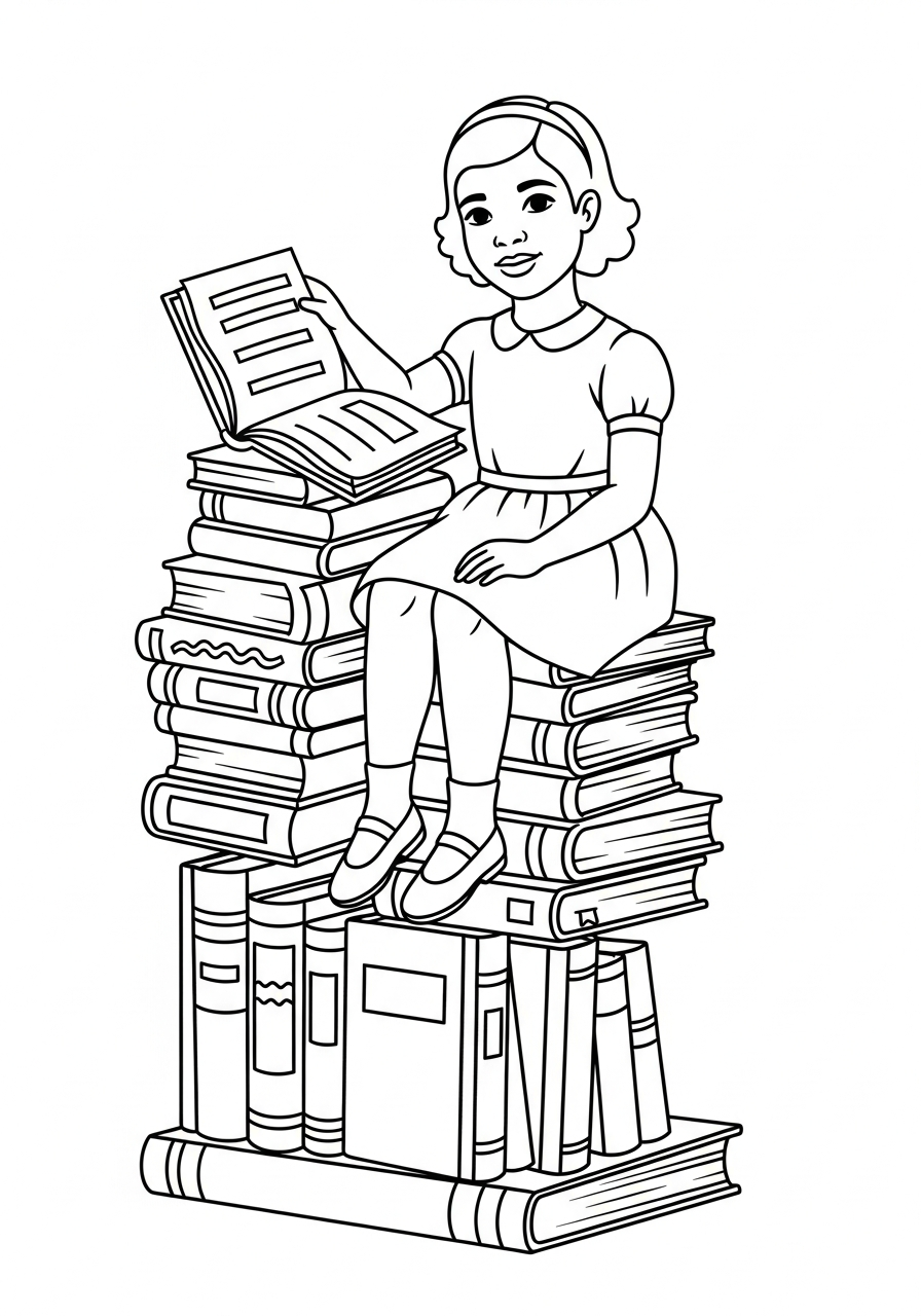 Ruby Bridges sitting on books coloring page