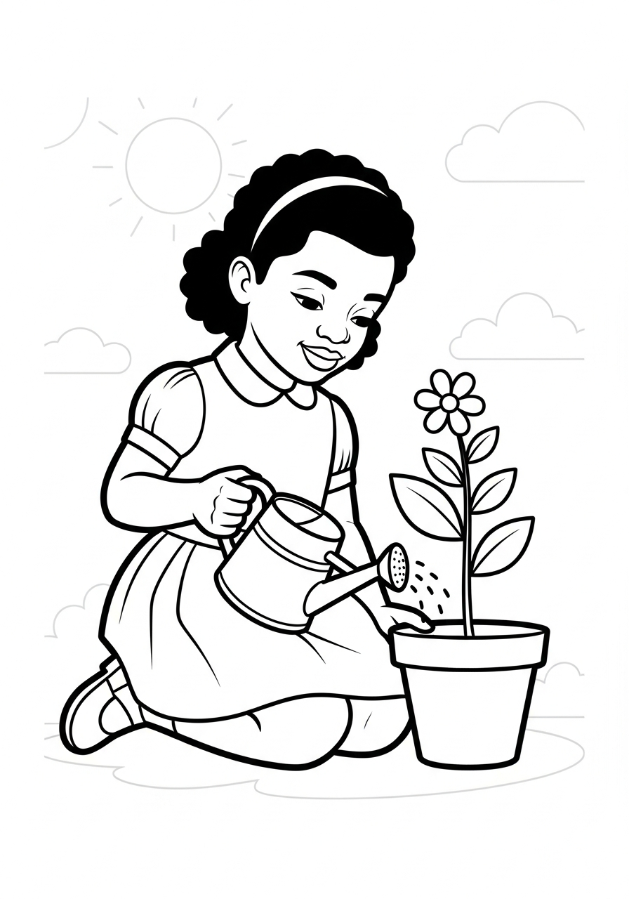 Ruby Bridges watering a plant coloring page