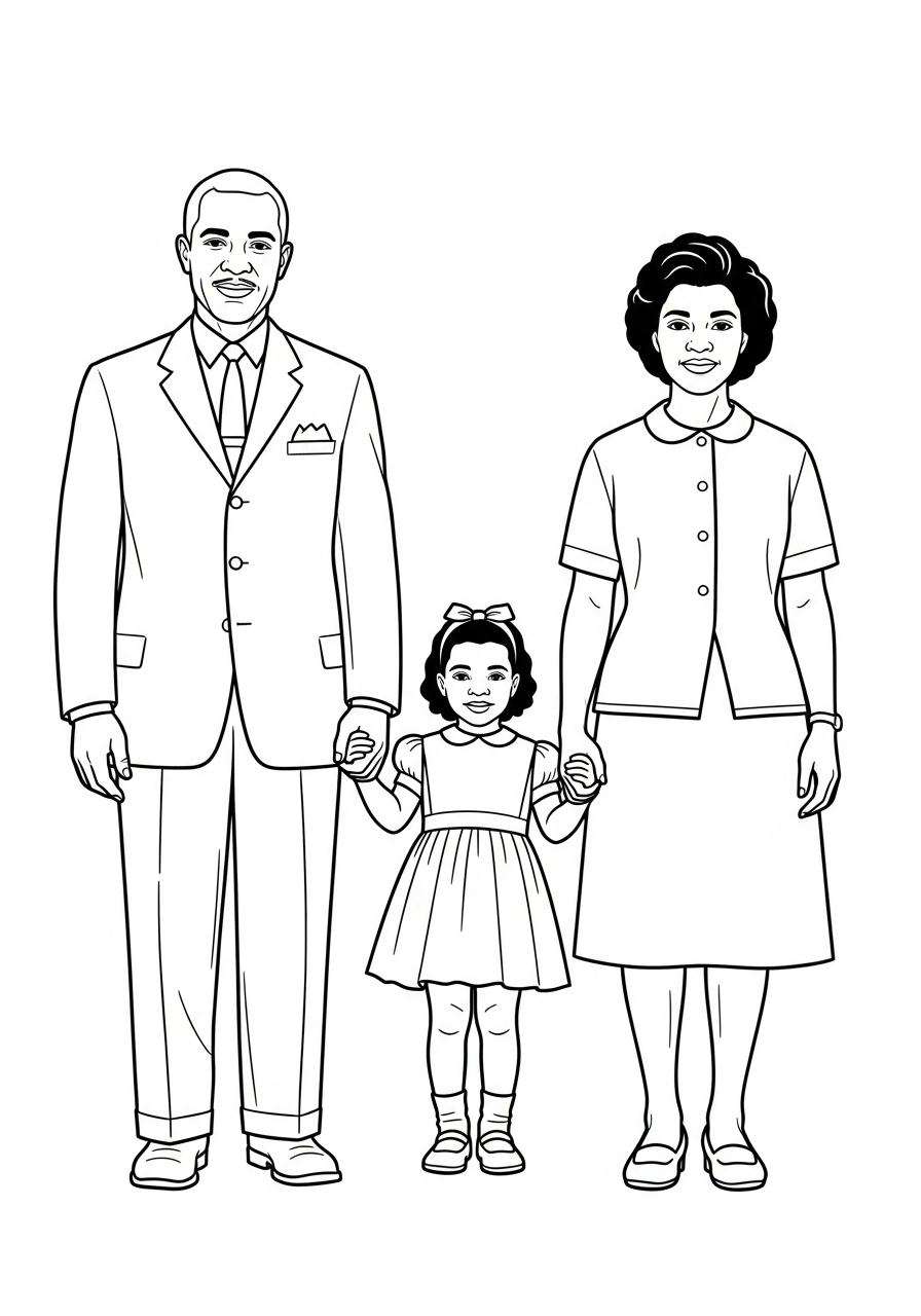 Ruby Bridges with her parents coloring page