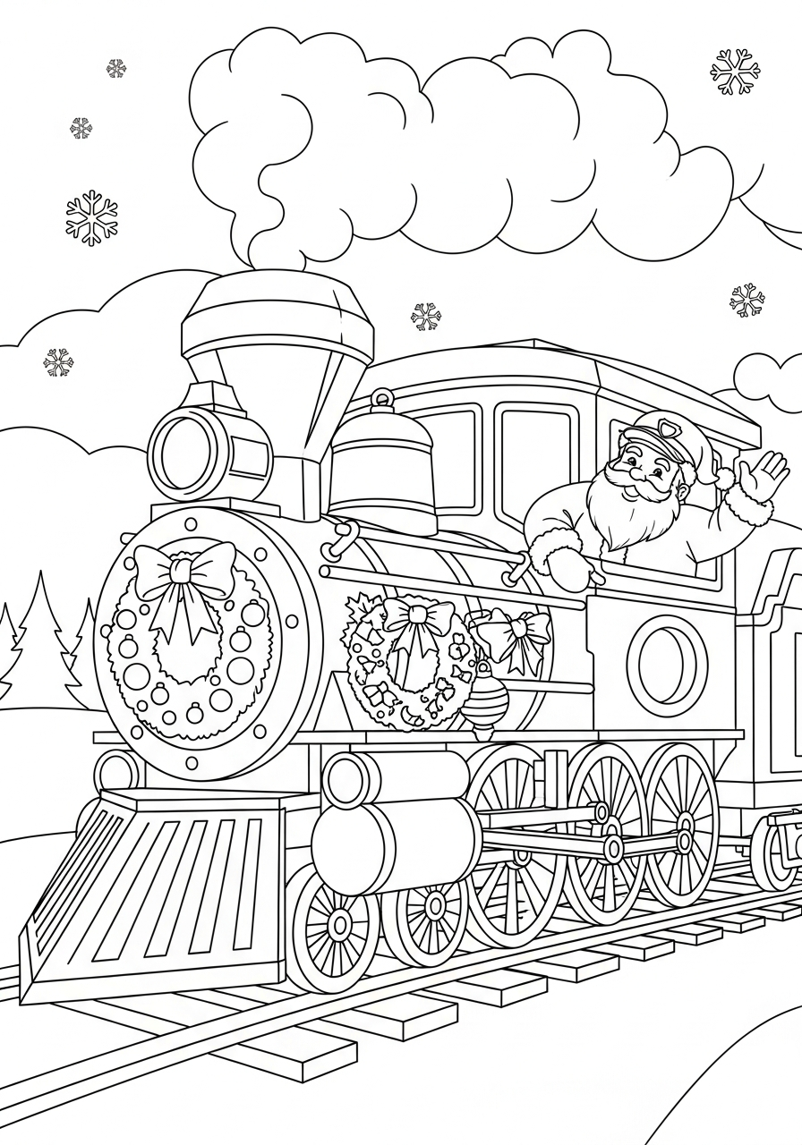 Christmas Train Coloring Pages 13 Santa conductor waving from window coloring page