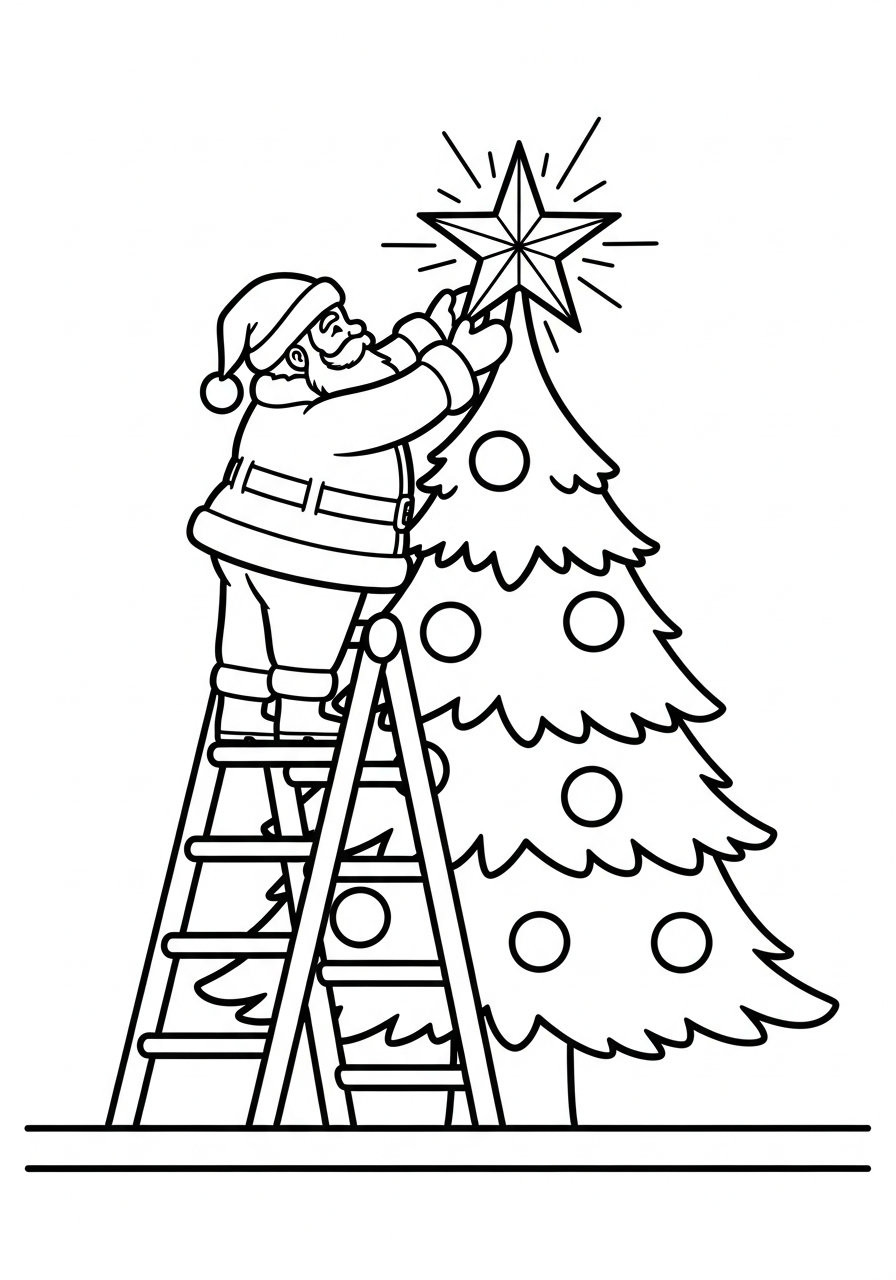 Christmas Tree Coloring Pages 16 Santa putting star on tree top coloring page