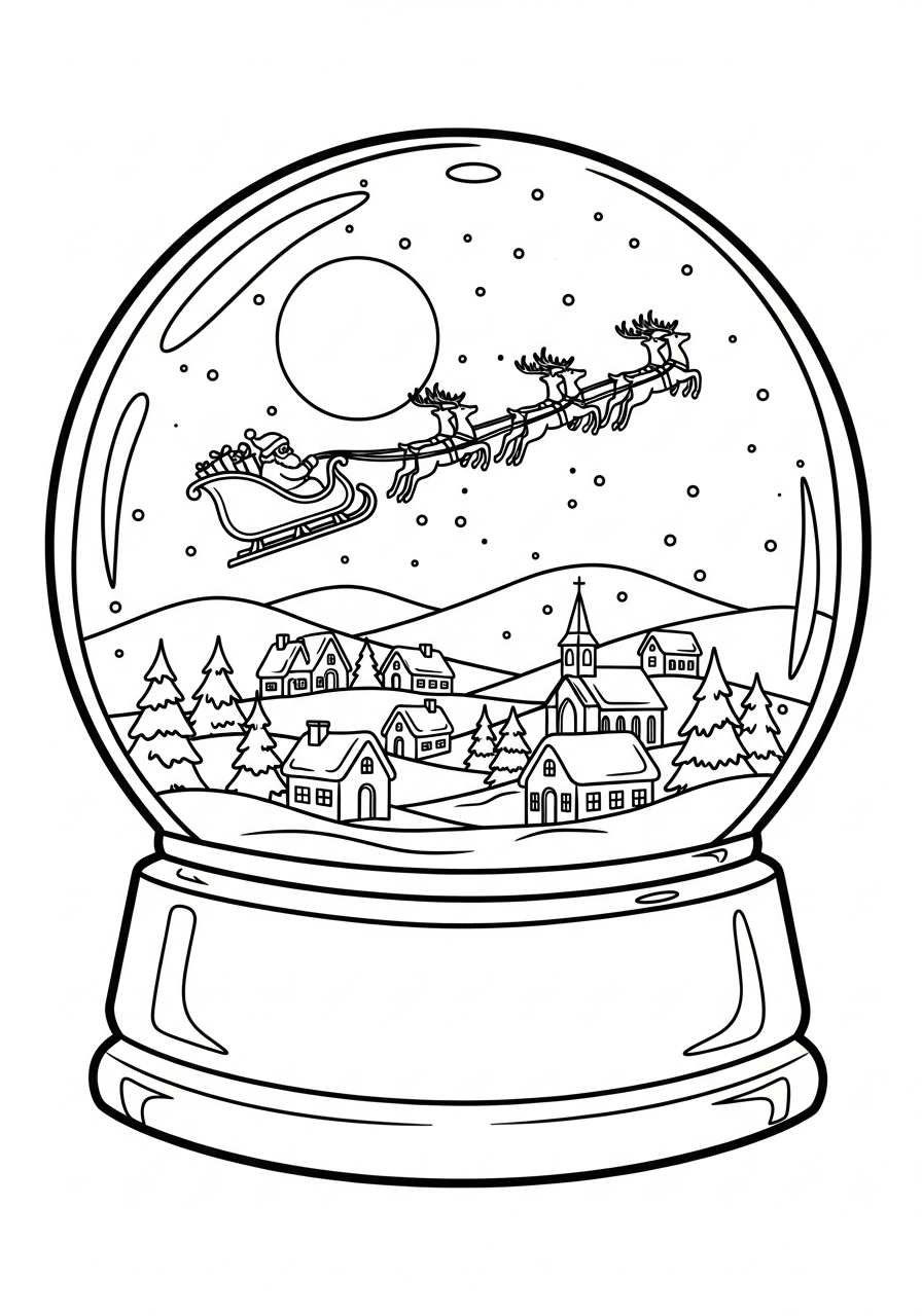 Santa sleigh flying inside globe coloring page