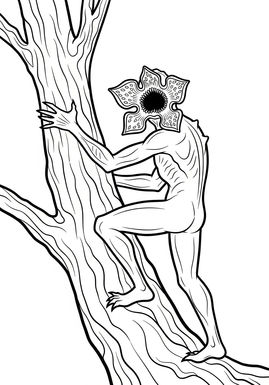 Scary Demogorgon climbing a tree coloring page
