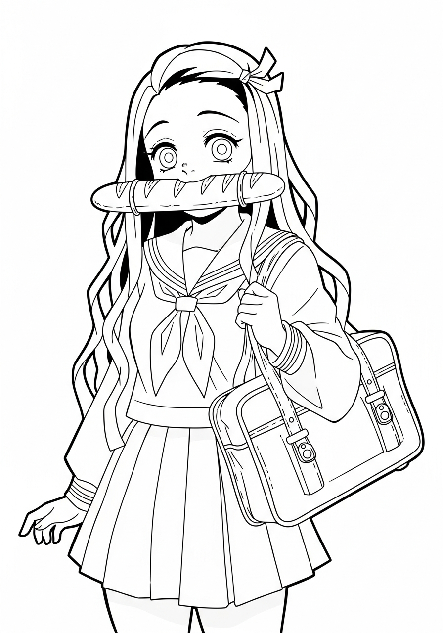 Nezuko Coloring Pages 26 School uniform Nezuko with baguette coloring page