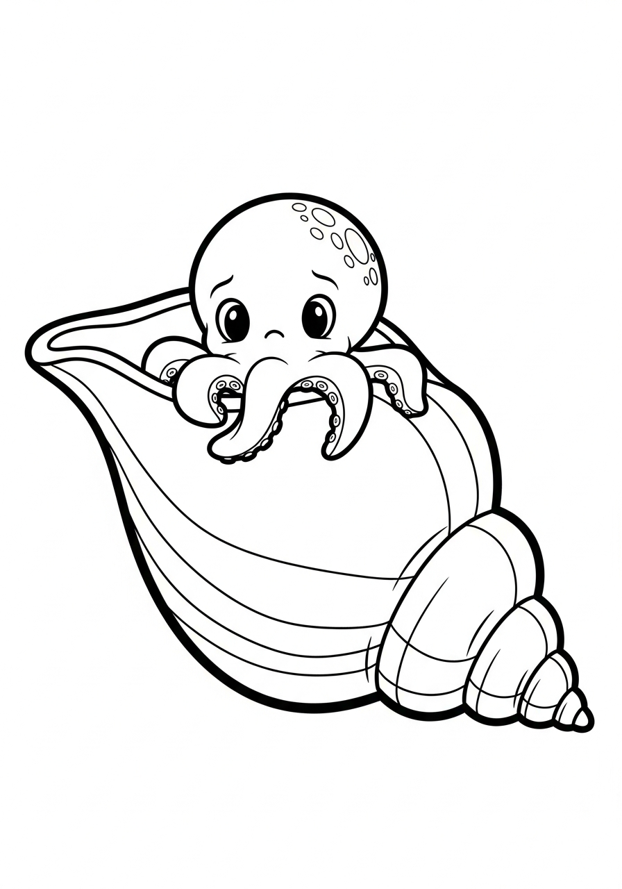 Shy octopus peeking from shell coloring page