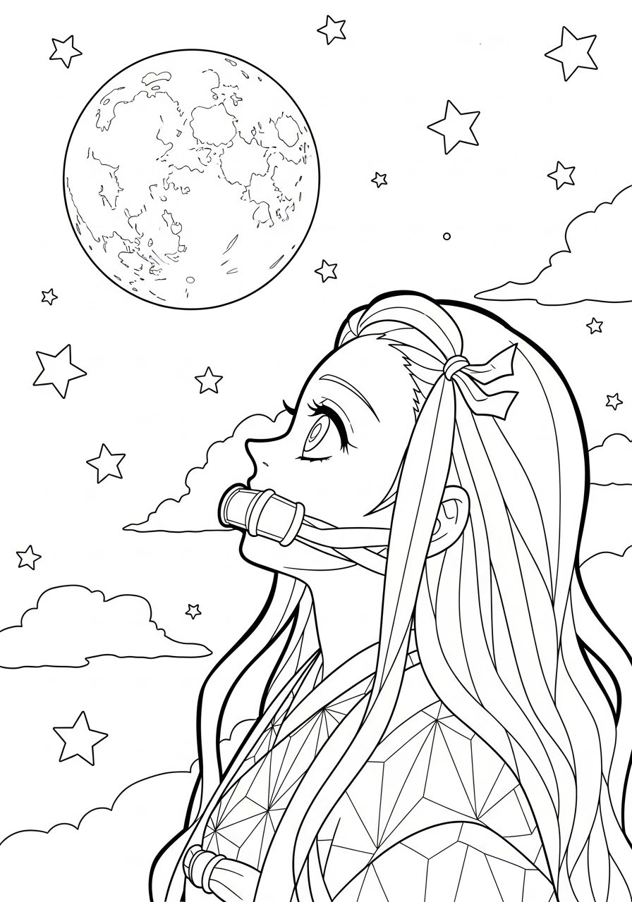 Nezuko Coloring Pages 27 Side profile Nezuko looking up coloring page