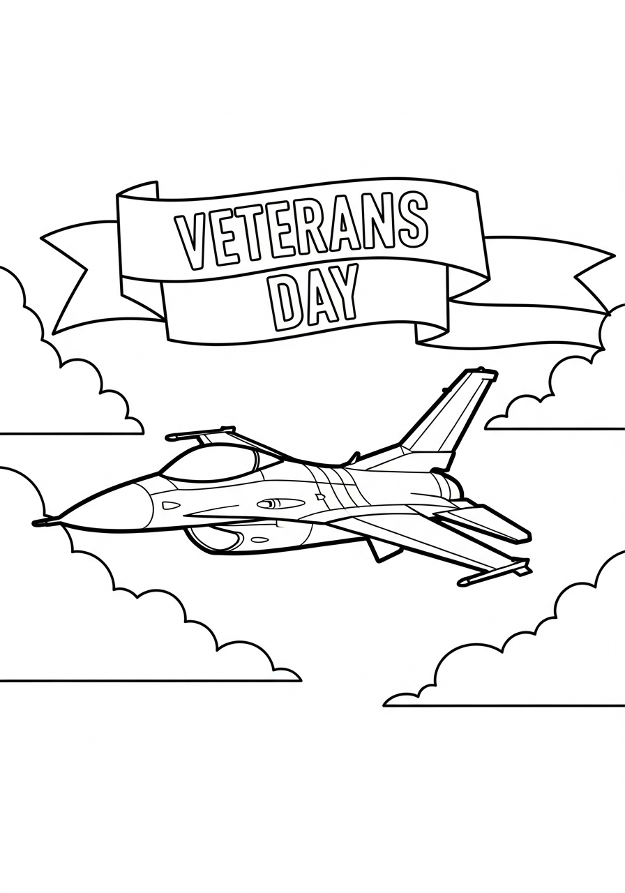 Veterans Day Coloring Pages 17 Simple fighter jet in clouds coloring page