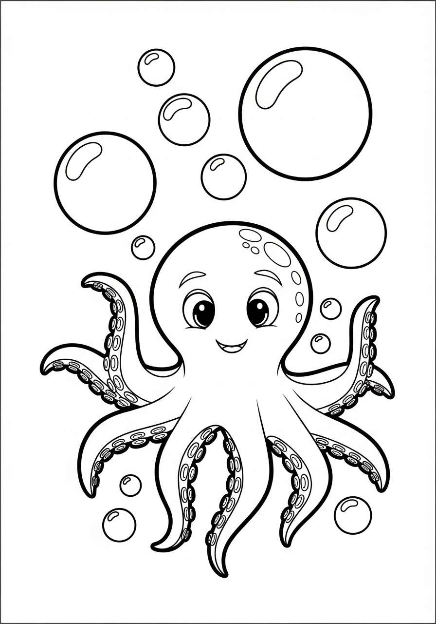 Simple octopus floating with bubbles coloring page