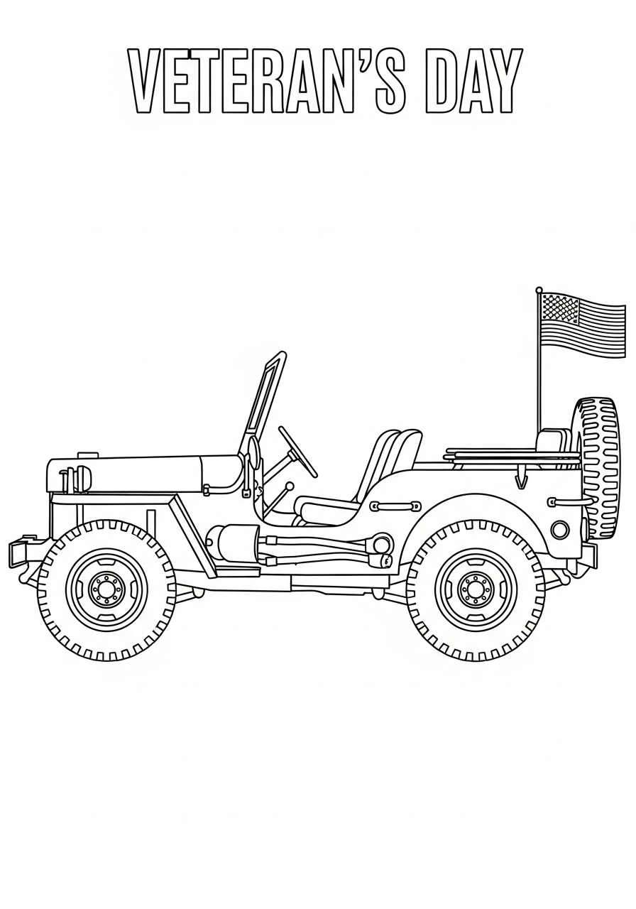 Veterans Day Coloring Pages 20 Simple side-view military jeep coloring page