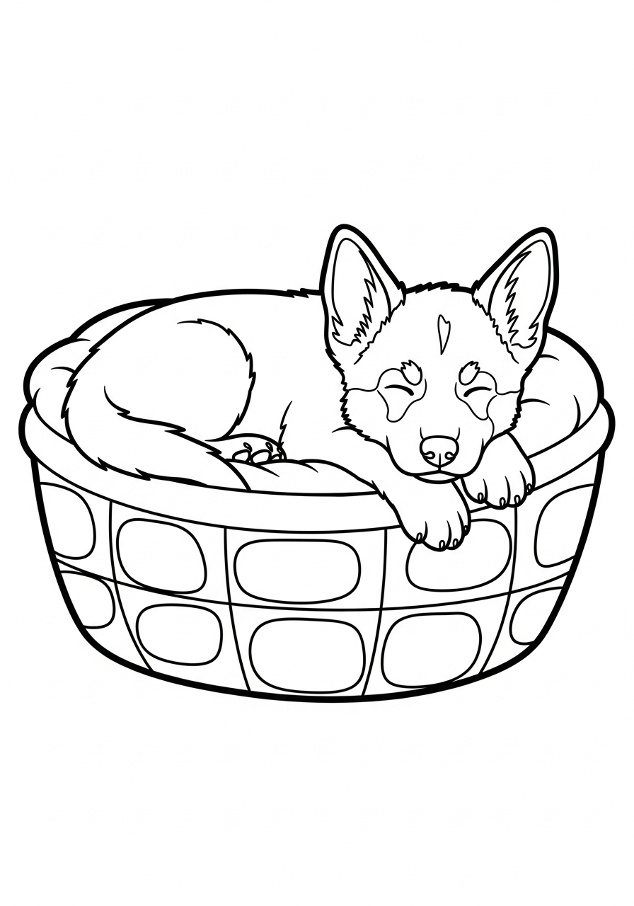 Sleeping German Shepherd in basket coloring page