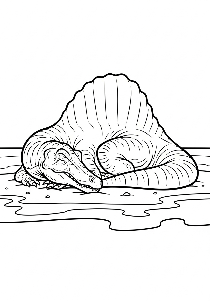 Sleeping Spinosaurus on beach coloring page