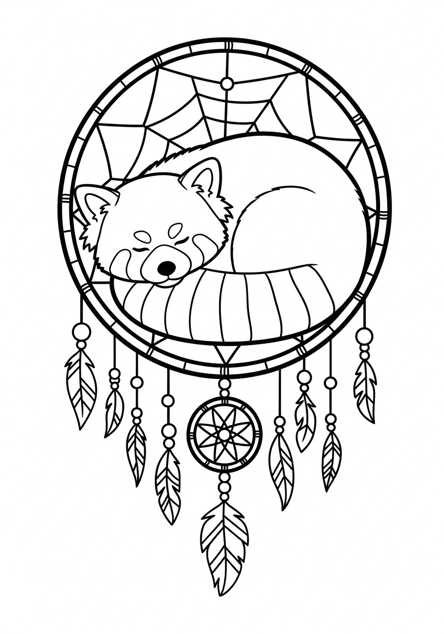 Sleeping red panda inside dreamcatcher coloring page
