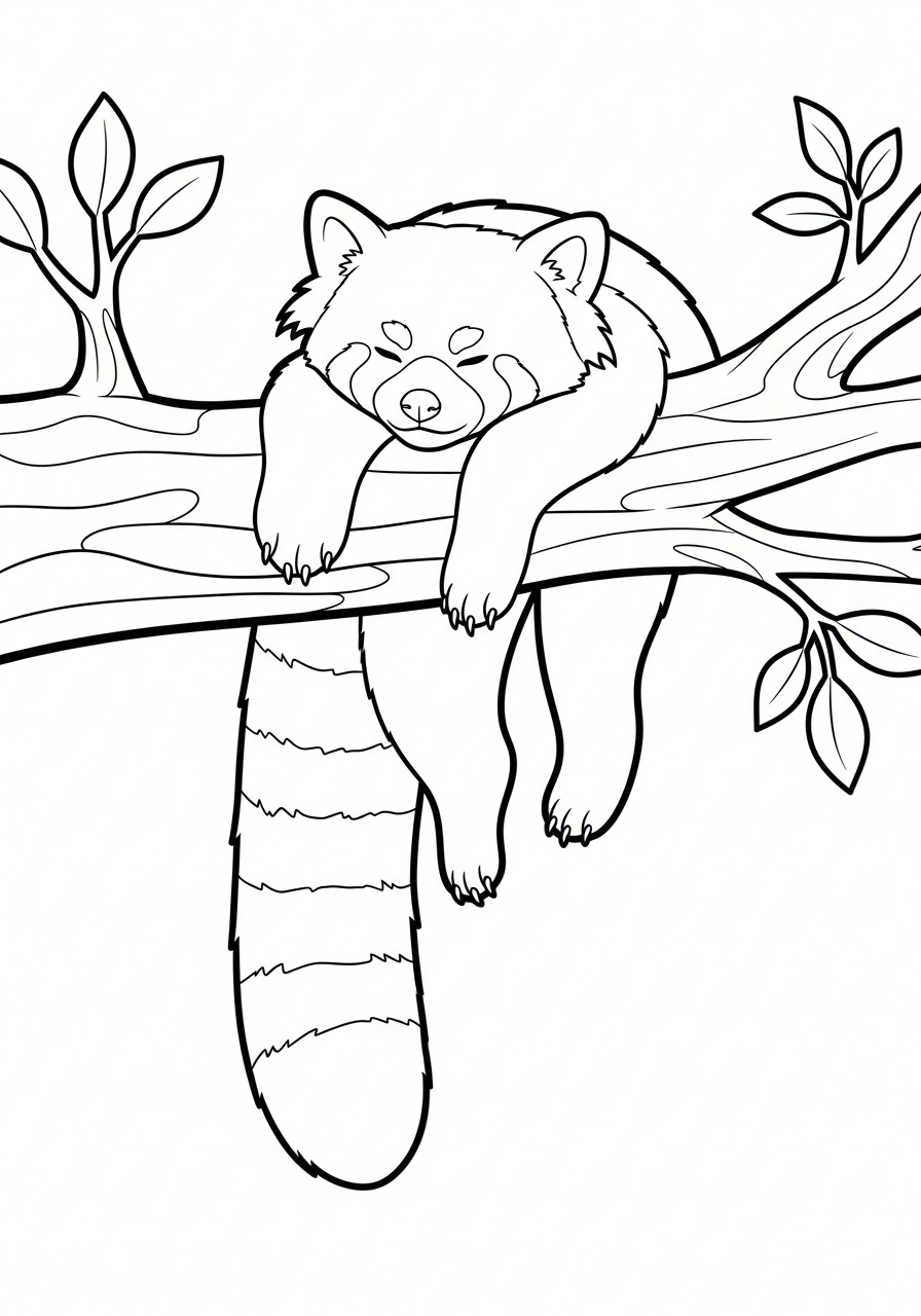 Sleeping red panda on branch coloring page