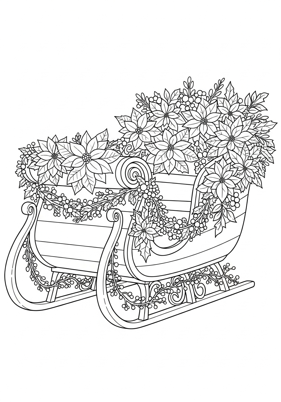 Santa Sleigh Coloring Pages 11 Sleigh decorated with winter flowers coloring page