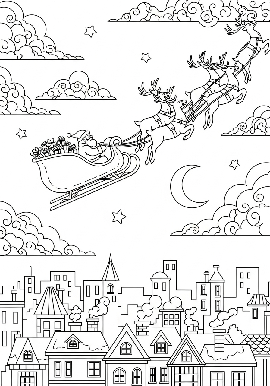 Santa Sleigh Coloring Pages 9 Sleigh flying over city skyline coloring page