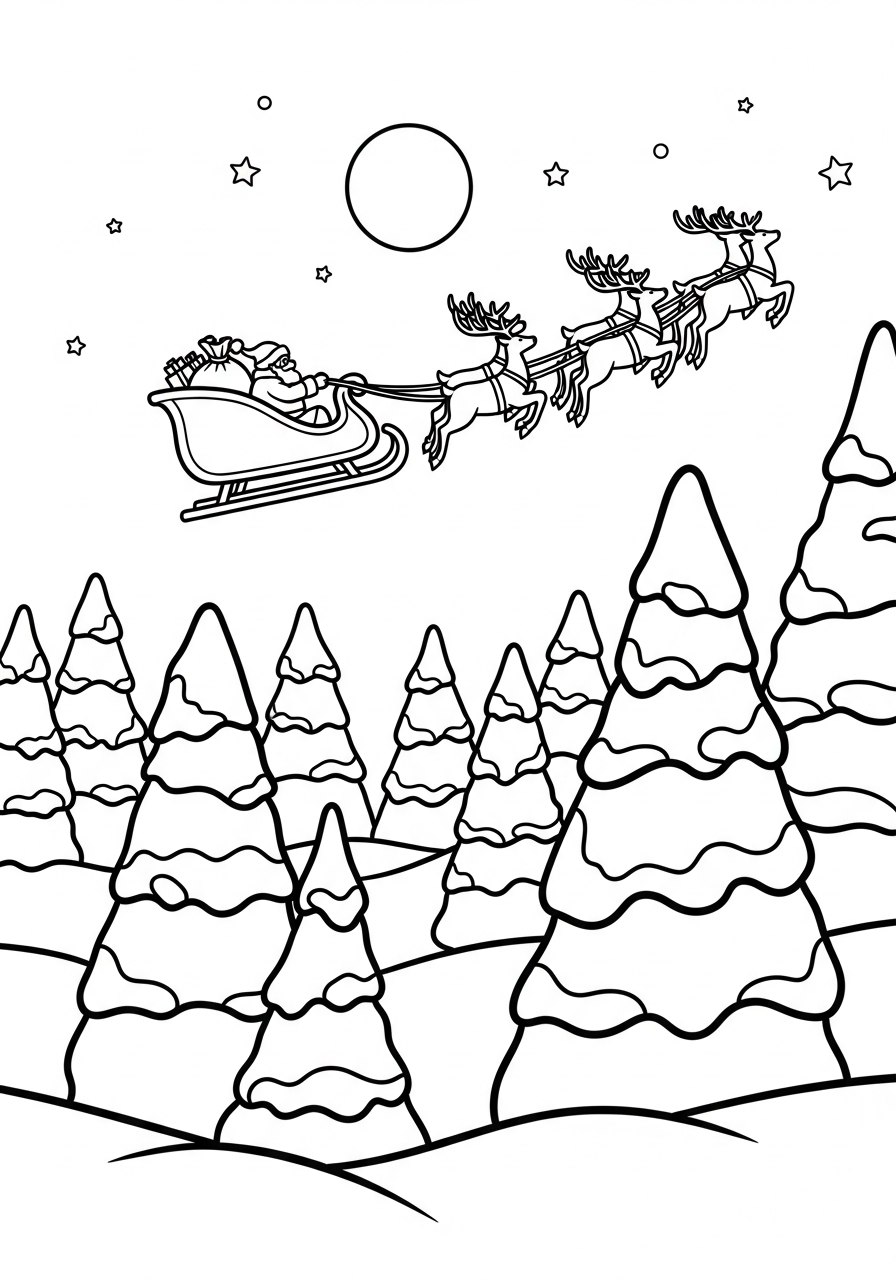 Santa Sleigh Coloring Pages 8 Sleigh flying over pine forest coloring page