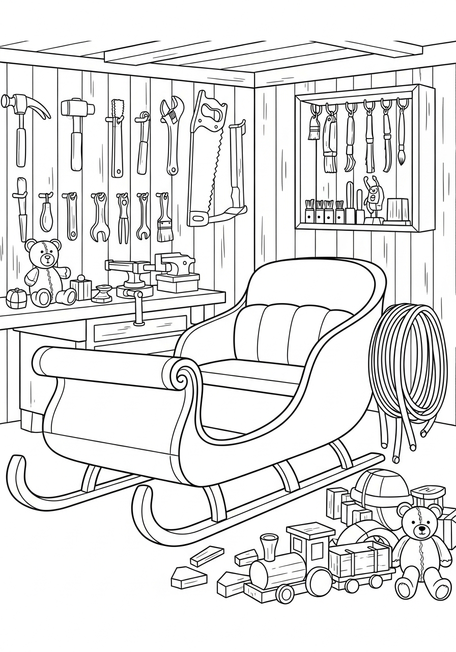 Santa Sleigh Coloring Pages 6 Sleigh parked inside North Pole coloring page