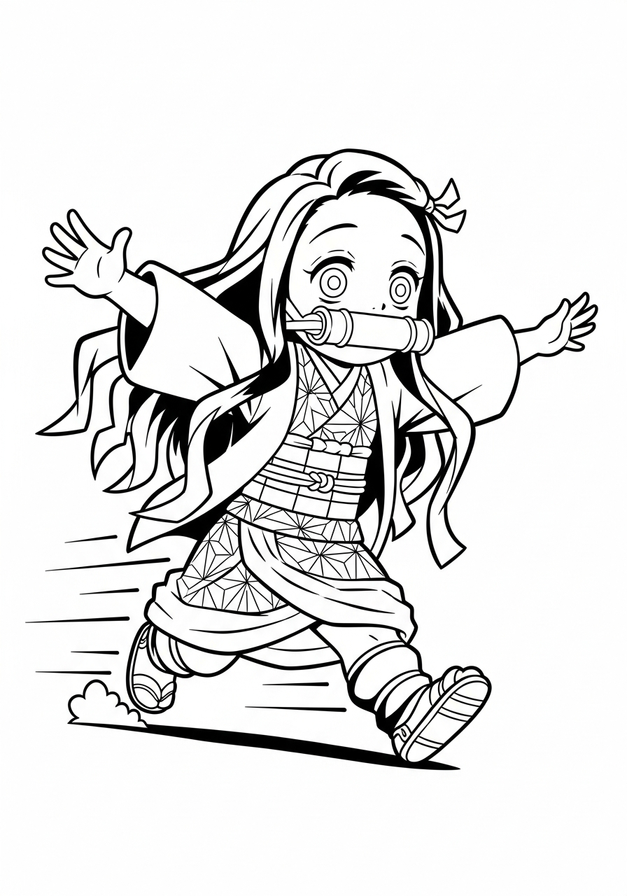 Nezuko Coloring Pages 28 Small running Nezuko with arms open coloring page
