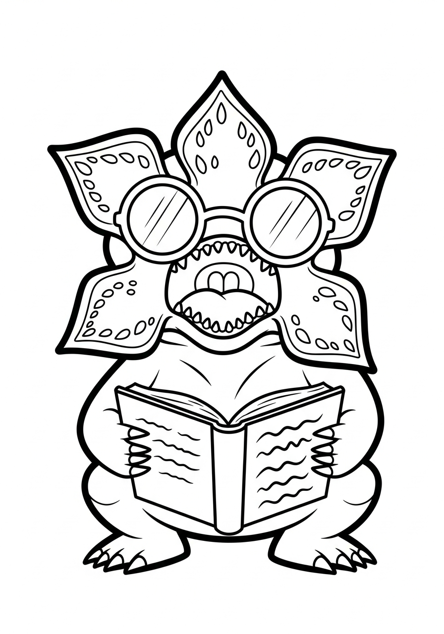 Smart Demogorgon wearing glasses reading coloring page