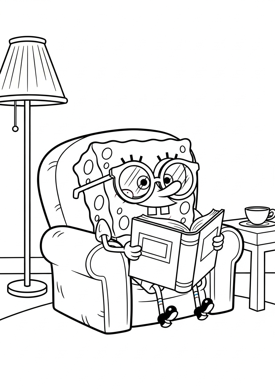 Smart Spongebob reading book in chair coloring page