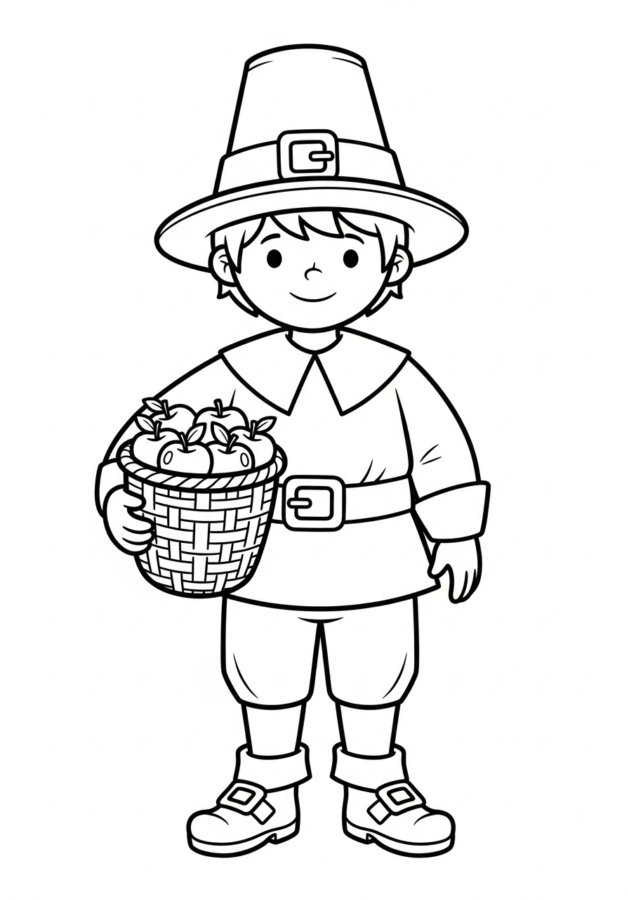 Thanksgiving Coloring Pages 23 Smiling Pilgrim boy holding apples coloring page