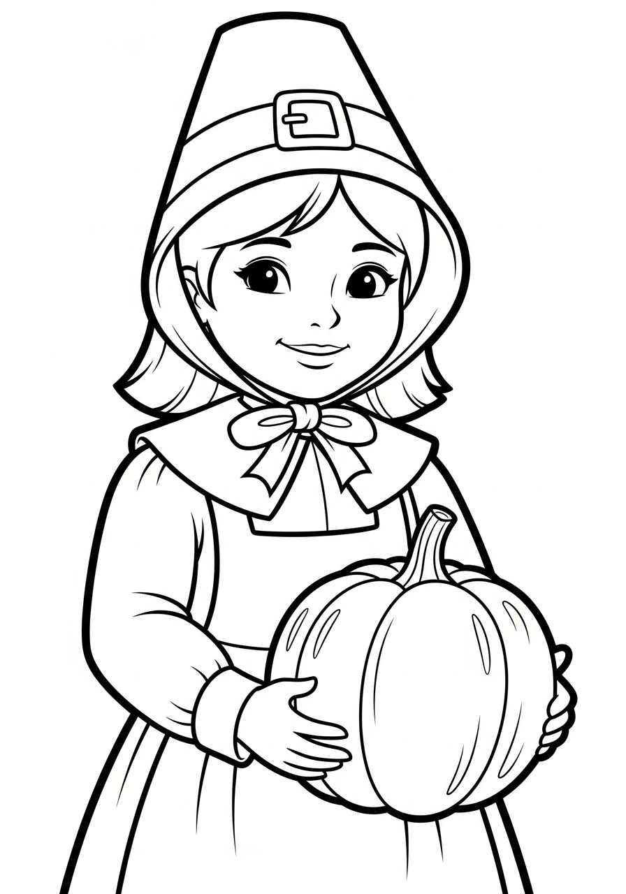 Thanksgiving Coloring Pages 24 Smiling Pilgrim girl holding a pumpkin coloring page