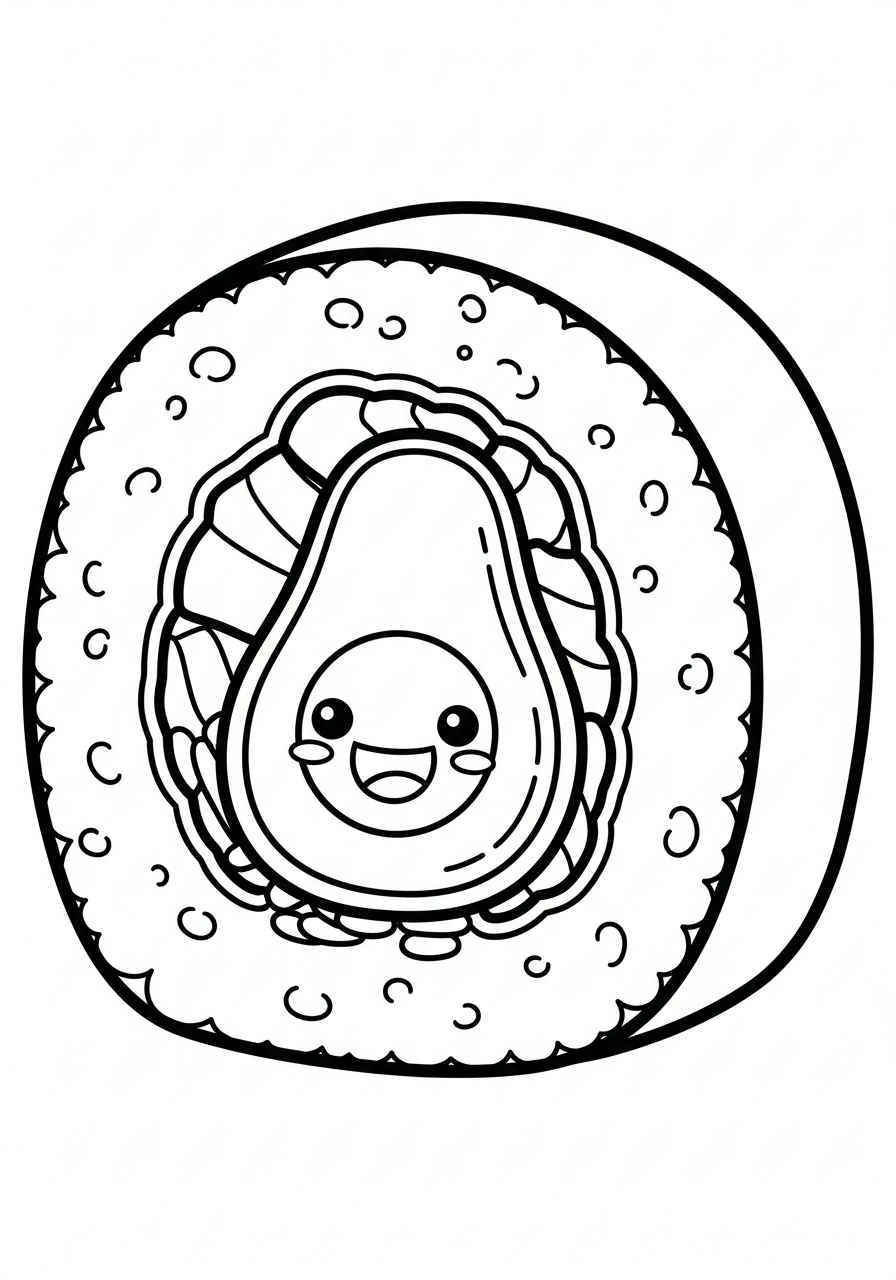 Smiling avocado in a maki sushi coloring page