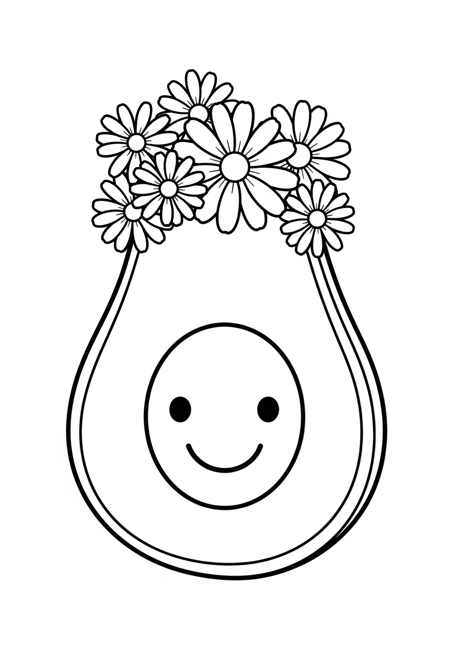 Smiling avocado wearing a flower crown coloring page
