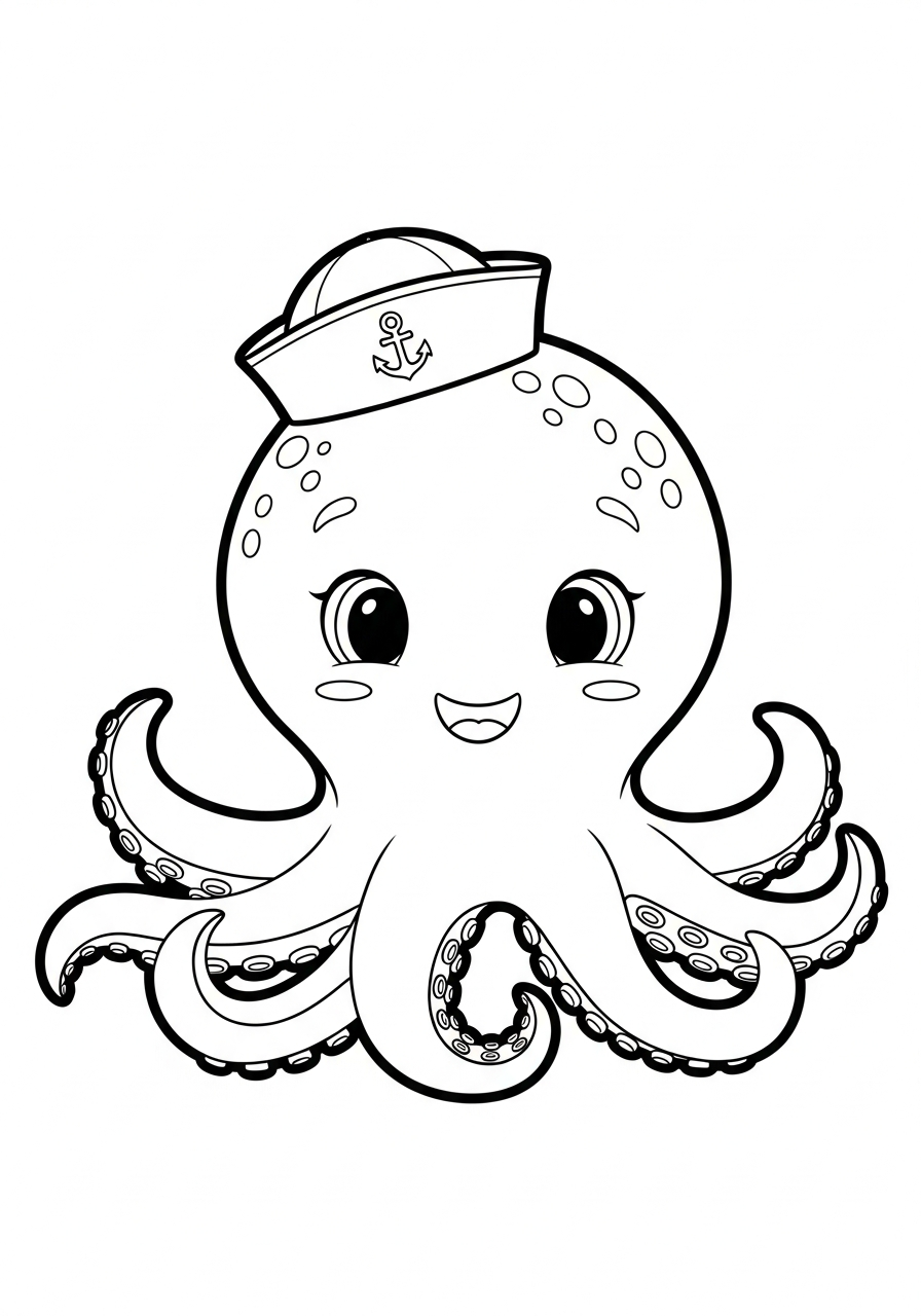 Smiling octopus wearing sailor hat coloring page
