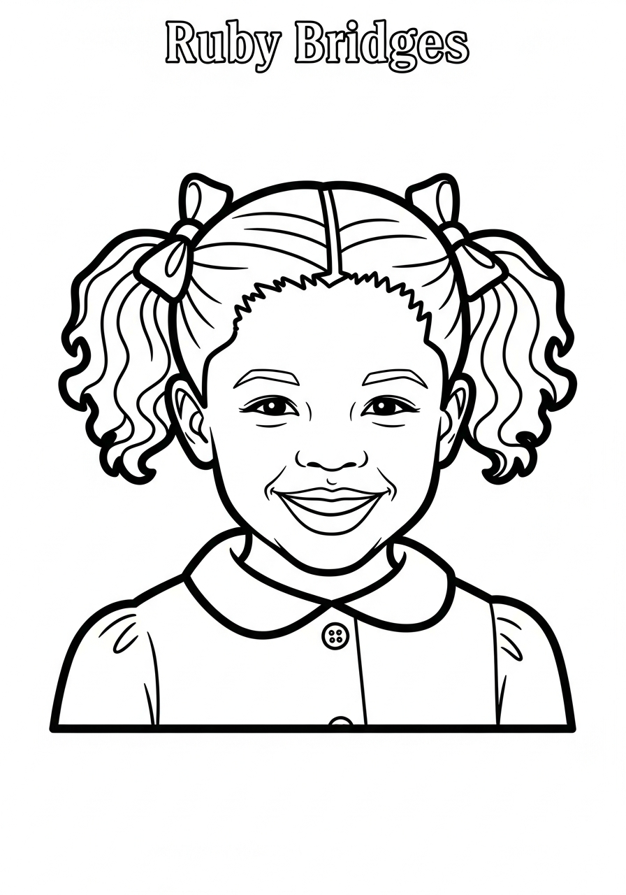 Smiling young Ruby Bridges pigtails coloring page