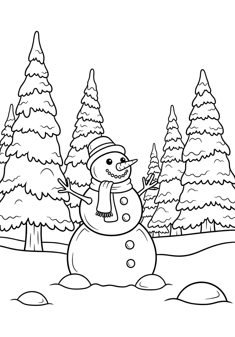 Snowman Coloring Pages 19 Snowman in snowy pine forest coloring page
