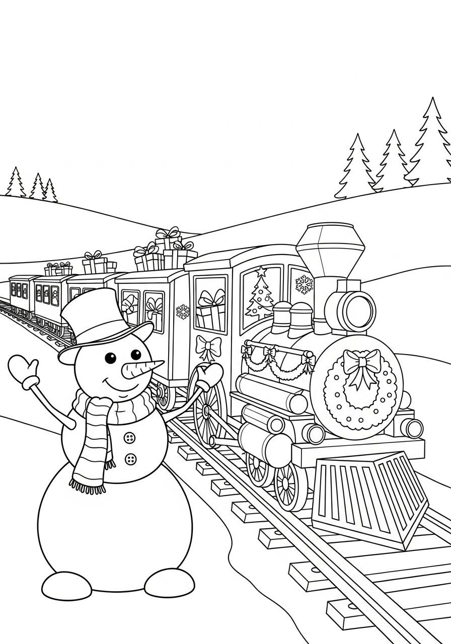 Christmas Train Coloring Pages 15 Snowman waving at passing train coloring page