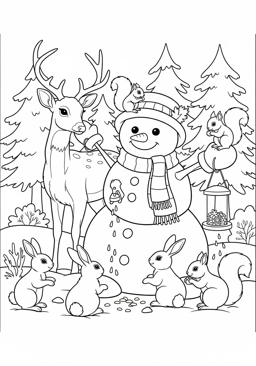 Snowman Coloring Pages 26 Snowman with forest animal friends coloring page