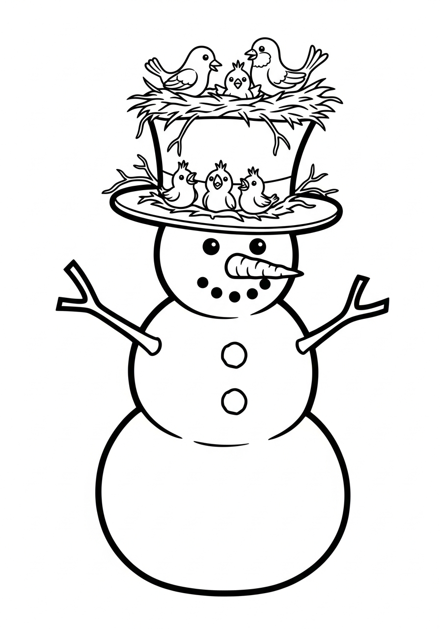 Snowman Coloring Pages 28 Snowman’s top hat with bird nest coloring page