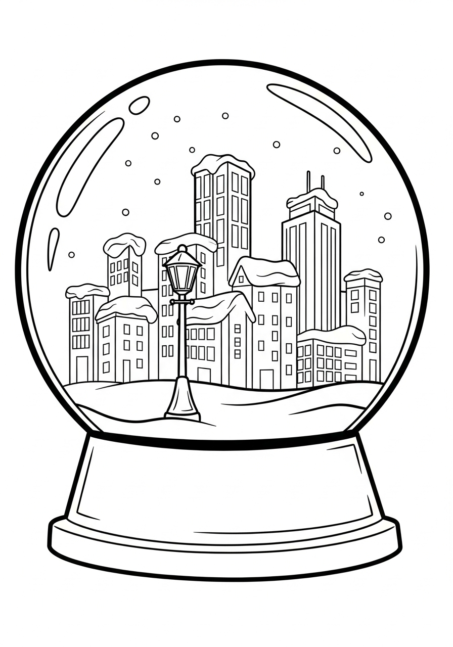 Snowy city skyline snow globe coloring page
