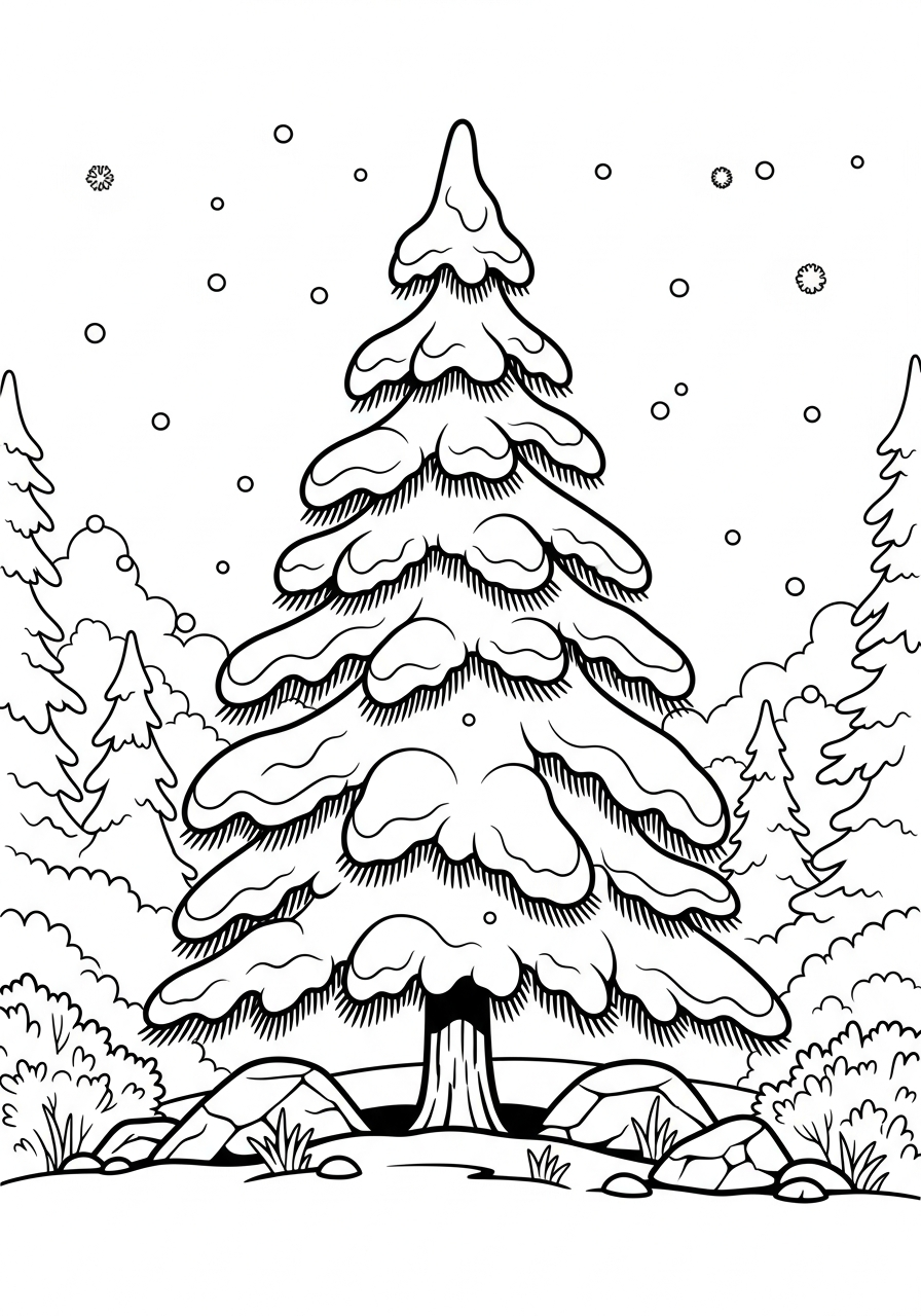 Christmas Tree Coloring Pages 18 Snowy pine tree in winter forest coloring page