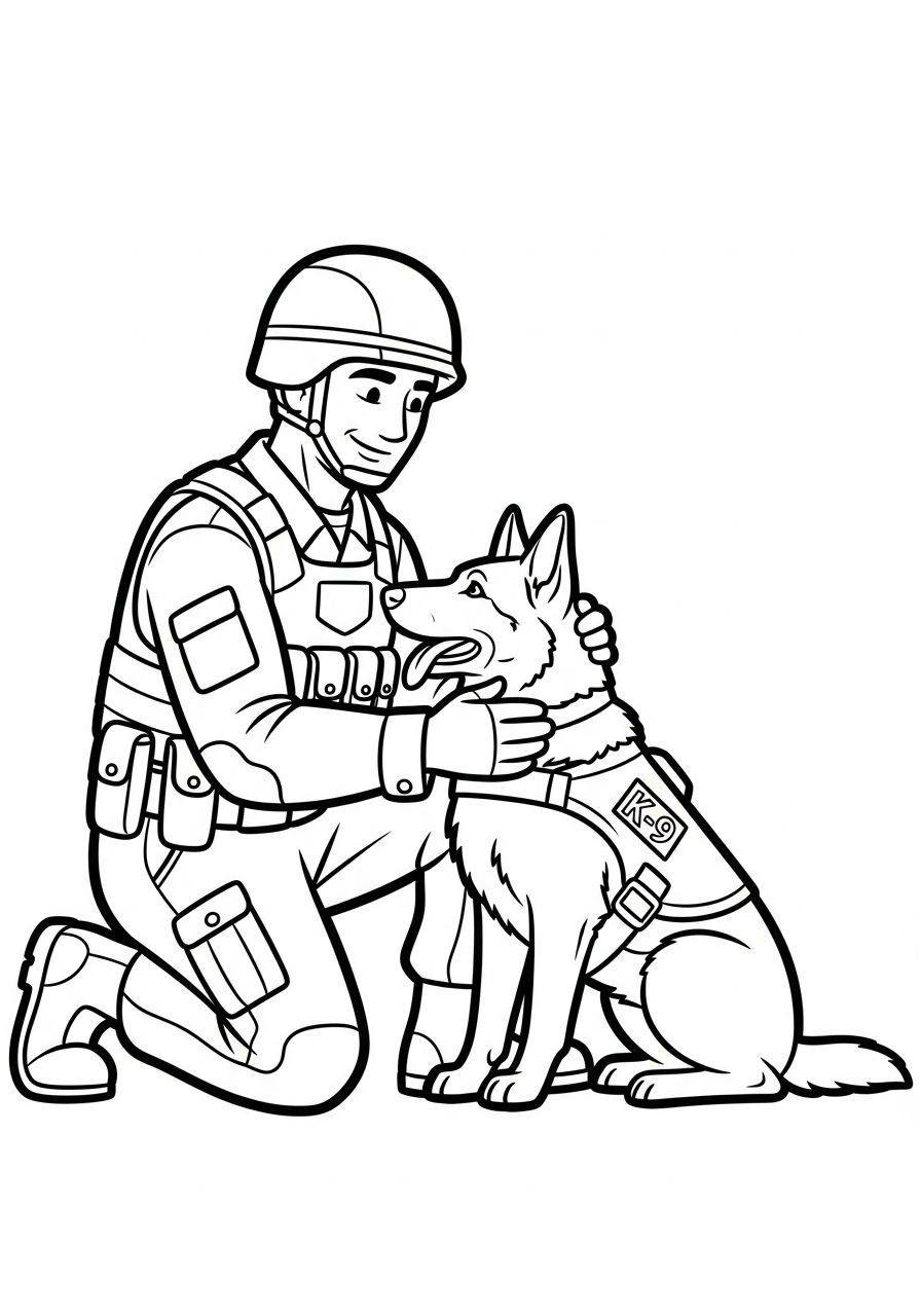 Soldier Coloring Pages 34 Soldier with K-9 dog coloring page
