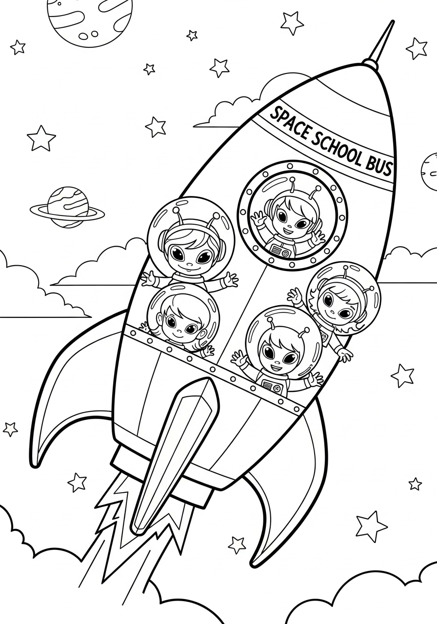 Rocket Ship Coloring Pages 26 Space school bus rocket coloring page