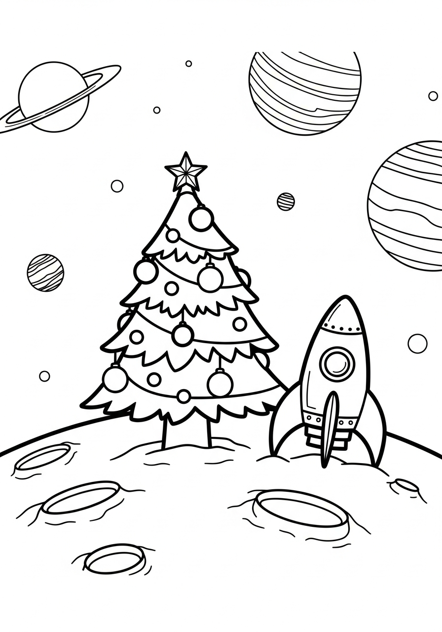 Christmas Tree Coloring Pages 19 Space tree with rocket and planets coloring page