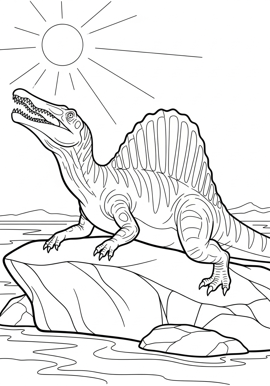 Spinosaurus basking on rock coloring page